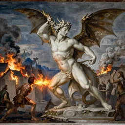 Dragon spits fire on a man, burning village in background, plumes of smoke in background, at night, Michelangelo painting, highly-detailed