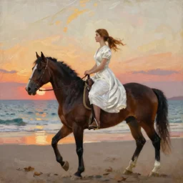 Western oil painting of a woman in a white dress riding a horse along the beach, sunset, albert aublet, Charles-Theodore Frere
