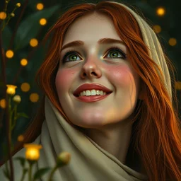 infp young woman, smiling amazed, golden fireflies lights, amidst of nature, modest fully covered, long red hair, intricate linework, accurate green eyes, small nose with freckles, oval shape face, realistic, expressive emotions, dramatic lights, hyper realistic ultrafine art by artemisia gentileschi, caravaggio, jessica rossier, boris vallejo