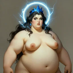 portrait of mighty plump female sorceress, blue tiara, lightning halo, strong line, muted color, beautiful! coherent! by frank frazetta, by brom