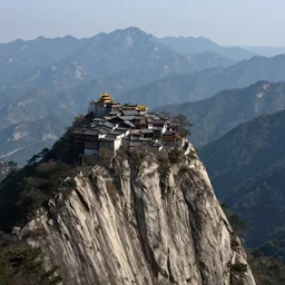 a monastery on the top of a rough, steep mountain with great view on other mountains, epic, no trees, no foliage, realistic light, epic