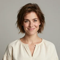 a friendly and kind woman, modest, high cheek bones, half smile, mischievous, bard, brown hair, messy hairstyle, short hair, cream colored peasant shirt, brown pants, leather boots, dark green cloak, round hood, elf ears, youthful, white background, proportionate, by Tony Sart, trending on artstation, realistic, highly detailed, masterpiece