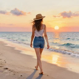 a woman walking by the beach at sunset, photorealistic watercolor by Steve Hanks