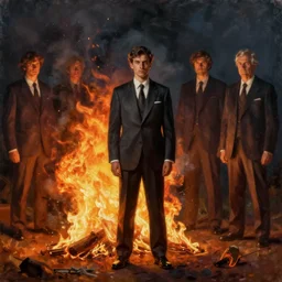 one men in suite standing alone burning on fire, front view, norman rockwell, tim hildebrandt, mark maggiori, jeff dekal, long shot, hyperrealistic oil painting on canvas, deep depth field, cinematic composition, hyper - detailed, hdr, 8 k, 4 k