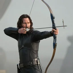 film still of Keanu Reeves as Hawkeye drawing an arrow in his bow in Avengers Endgame