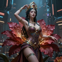 Beautiful 3d render of the flower queen goddess in a sensual pose, atmospheric lighting, painted, intricate, volumetric lighting, beautiful, rich deep colours masterpiece, sharp focus, ultra detailed, in the style of Dan Mumford and marc simonetti, with a crowded futuristic cyberpunk city in the background, astrophotgraphy