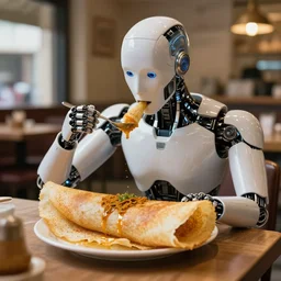 an ultrarealistic cyborg eating masala dosa inside a cafe
