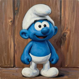 gritty portrait of a human-like papa smurf, wooden background, oil canvas