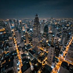 sci - fi bangkok cityscape. wide angle night photo. helicopter view. exaggerated detail. volumetric lighting. art by krenz cushart