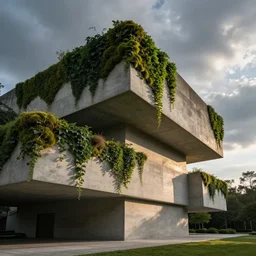 concrete architecture with moss and ivy growing all over, futuristic, late afternoon light, dramatic sky, by frank lloyd wright and greg rutkowski and ruan jia