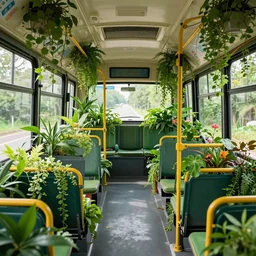 A beautiful interior of an overgrown bus full of lush plants, rich vines and verdant flowers, detailed, sharp, digital art, trending on Artstation, thick atmosphere