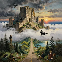painting by rhads, sargent and leyendecker and greg hildebrandt, apollinaris vasnetsov, savrasov levitan polenov, studio ghibly style mononoke, huge old ruins giovanni paolo panini, middle earth above the layered low clouds road between forests big lake wide river trees sunrise sea bay view faroe azores overcast storm masterpiece
