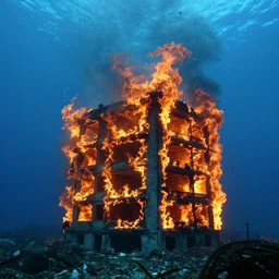 photo of a burning building underwater