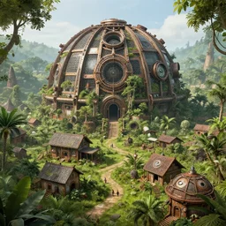 A tribal village inside a clockwork dome, detailed and fully realized immersive dystopian verdant reclamation or natural ways, realistic, natural rusted technology