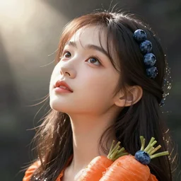 the head of an incredibly cute and elegant korean girl partially made of carrots and blueberries looking up, an ultrafine detailed illustration by james jean, final fantasy, intricate linework, bright colors, behance contest winner, vanitas, angular, altermodern, unreal engine 5 highly rendered, global illumination, radiant light, detailed and intricate environment