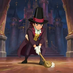 animation key shot of a magician with a pointy hat dressed sweeping the floor in an elegant castle, studio ghibli, pixar and disney animation, sharp, rendered in unreal engine 5, anime key art by greg rutkowski, bloom, dramatic lighting