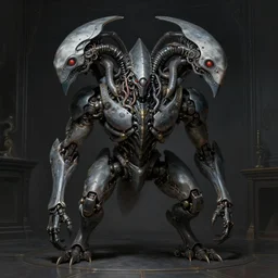 professional concept art symmetrical portrait of a predatory robotic species in a dark room by artgerm and greg rutkowski. an intricate, elegant, highly detailed digital painting, concept art, smooth, sharp focus, illustration, in the style of cam sykes.