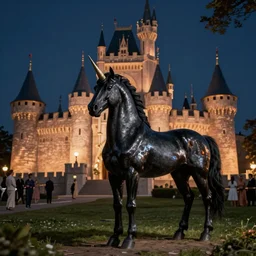 black unicorn stand near castle at night, night light, rtx reflection's, norman rockwell, tim hildebrandt, viktor safonkin, bruce pennington, larry elmore, hyperrealistic matte painting, deep depth field