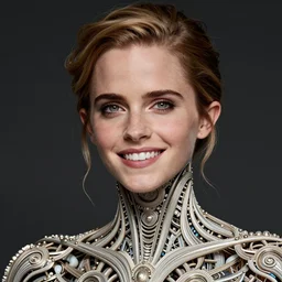 beatifull closeup of face shoulders of emma watson, biomechanical sculpture, fractal, intricate, elegant, highly detailed, ornate, elegant, luxury, beautifully lit, ray trace grinning vogue fashion shoot by peter lindbergh fashion poses detailed professional studio lighting dramatic shadows professional photograph by nick knight & show studio styling