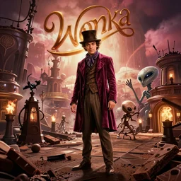 An apocalyptic scene of the wonka chocolate factory destroyed after the alien invasion, 70mm Imax, Cinematic, Film Still, Directed by Michael bay