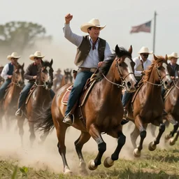 cinematic shot of ted cruz in a cowboy hat leading a cavlary charge into battle by greg rutowski, 4 k, masterpiece