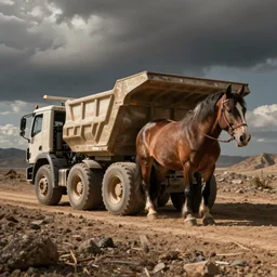 dump truck with the body of a horse, photograph,