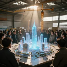 large group people in open warehouse, looking at hologram of futuristic city on a table, cinematic concept art, godrays, golden hour, natural sunlight, 4 k, clear details, tabletop model buildings, center model buildings, hologram center, crane shot, crane shot, crane shot, godrays