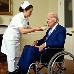 joe biden in a wheelchair being spoonfed soup from a nurse in a white uniform, artist norman rockwell