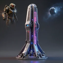 3 d sculpt environment building prop, star citizen, halo, mass effect, elysium, the expanse, high tech industrial, artstation unreal of a technological device in the shape of an industrial angular segmented stacked tower vertical neon