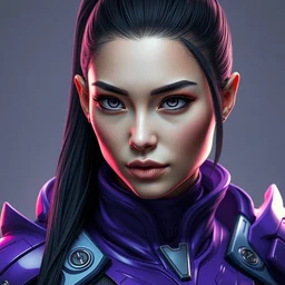 close up portrait of a woman in smooth purple sci - fi armor, long black ponytail, elegant, intense, woman, an ultrafine hyperdetailed illustration by kim jung gi, irakli nadar, intricate linework, sharp focus, bright colors, octopath traveler, final fantasy, unreal engine 5, global illumination, radiant light