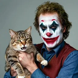 Mauricio Macri with an angry cat in his hand in Elaborate Joker Makeup and prosthetics designed by Rick Baker, Hyperreal, Head Shots Photographed in the Style of Annie Leibovitz, Studio Lighting n 6