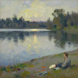 palette knife, impasto oil painting of silent calm lake shore by frank auerbach, thick paint brush strokes, art by anders zorn, wonderful masterpiece by greg rutkowski, beautiful cinematic light, american romanticism by greg manchess, creation by tyler edlin