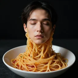 portrait shot of a bowl of spaghetti with a human face, intricate details and dramatic lighting