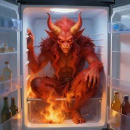 a fire spirit chilling in a refrigerator, digital painting, illustration, high quality, fantasy