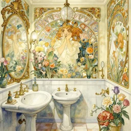 a beautifull intricate watercolour painting of a victorian bathroom with many flowers, reflexions, verry high details by william turner art, greg rutkowski and alphonse mucha, trending on artstation, very very detailed, masterpiece,