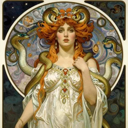 louise brooks as cleopatra with coiled serpents beautiful detailed romantic art nouveau lithograph realistic portrait by alphonse mucha, yoshitaka amano, and gustav klimt, photorealism, hauntingly beautiful whirling clouds night sky spirals refined moody dreamscape, digital art