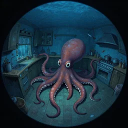 dark palette, fisheye spiral lines, naive, extra narrow, detailed illustration of a kitchen, large floor, octopus shaped by rhads from lorax movie, trending artstation, dark blue underwater