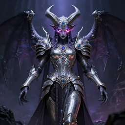 ancient horned androgynous god of malice inspired by Slaanesh and Sephiroth, restrained androgynous demon lord aesthetics wearing silver armor adorned with precious gems, his eyes glare with iridescent fire of magical energy, epic full body portrait by Greg Rutkowski and Ross Tran and Dariusz Zawadski, eerie wh40k aesthetics by Zdislaw Beksinski, ultra detail, 4k, 8k, HDR, trending on ArtStation