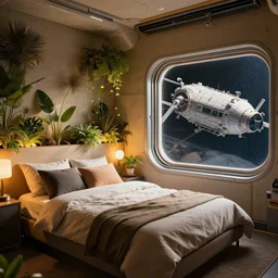 Photo of a bedroom in a space station with a large bed, a wall with plants, on the side is a window showing a large space station, bright and happy environment, warm colors, trending on artstation, cgsociety, guardians of the galaxy-style 4k, Architectural photography. 14mm. Cinematic moody lighting. High Res 8K. award winning architectural design