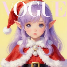 little elf girl, santa claus suit, soft hair. light color palate, purple, yellow and white. detailed soft painting, ayami kojima, made in abyss, anatomically correct, inspired in balthus, high detailed face anime, vogue magazine, glorious composition, mobile wallpaper