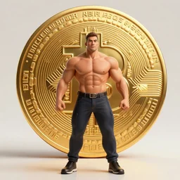attractive muscular bulky man posing in front of a huge golden bitcoin, commercial by annie liebovitz, gaston bussiere, craig mullins, j. c. leyendecker