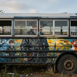 ron English painting a spy vs spy mural on an abandoned school bus