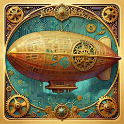 steampunk art nouveau portrait of a airship, rich bright colors, intricate, ornate, circuitry, gears, carved, extremely hyperdetailed, art deco, four color, sharp focus