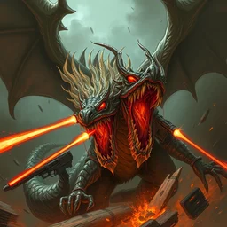 concept art of dragon attack, lovecraftian, lots of teeth, melting horror, feathers, fighting the horrors of the unknown with laser guns