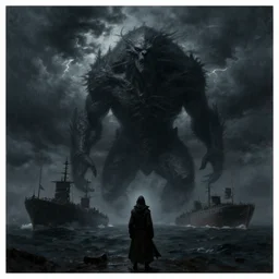 dark concept art of a dark gigantic creature looking at ships, stoic, windy, dramatic, epic painting, dark clouds, thunderstom, rain, medieval, dark concept art, dark skies painting by wlop, nixeu and greg rutkowski, beautiful, semirealism, artstation, octane render, oil painting, sharpness, 8 k, golden ratio
