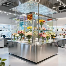 flower shop by white science labotory made of stainless steel and color glass, labotory equipment, waterflow ceiling