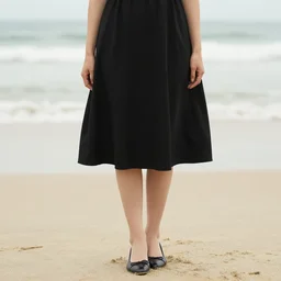 woman in black dress on the beach, pretty face, black shoes, leyendecker style