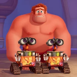 Dysney's Wreck It Ralph and Wall-e character mix in the style of classical Disney animation