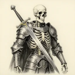 Pencil painting of a skeleton with a big sword and armor, fantasy, middle ages