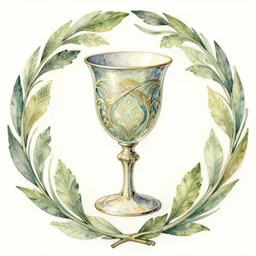 elven art nouveau goblet of win watercolor painting in the center of a circular frame of leaves, art by walter crane and arthur rackham, illustration style, watercolor